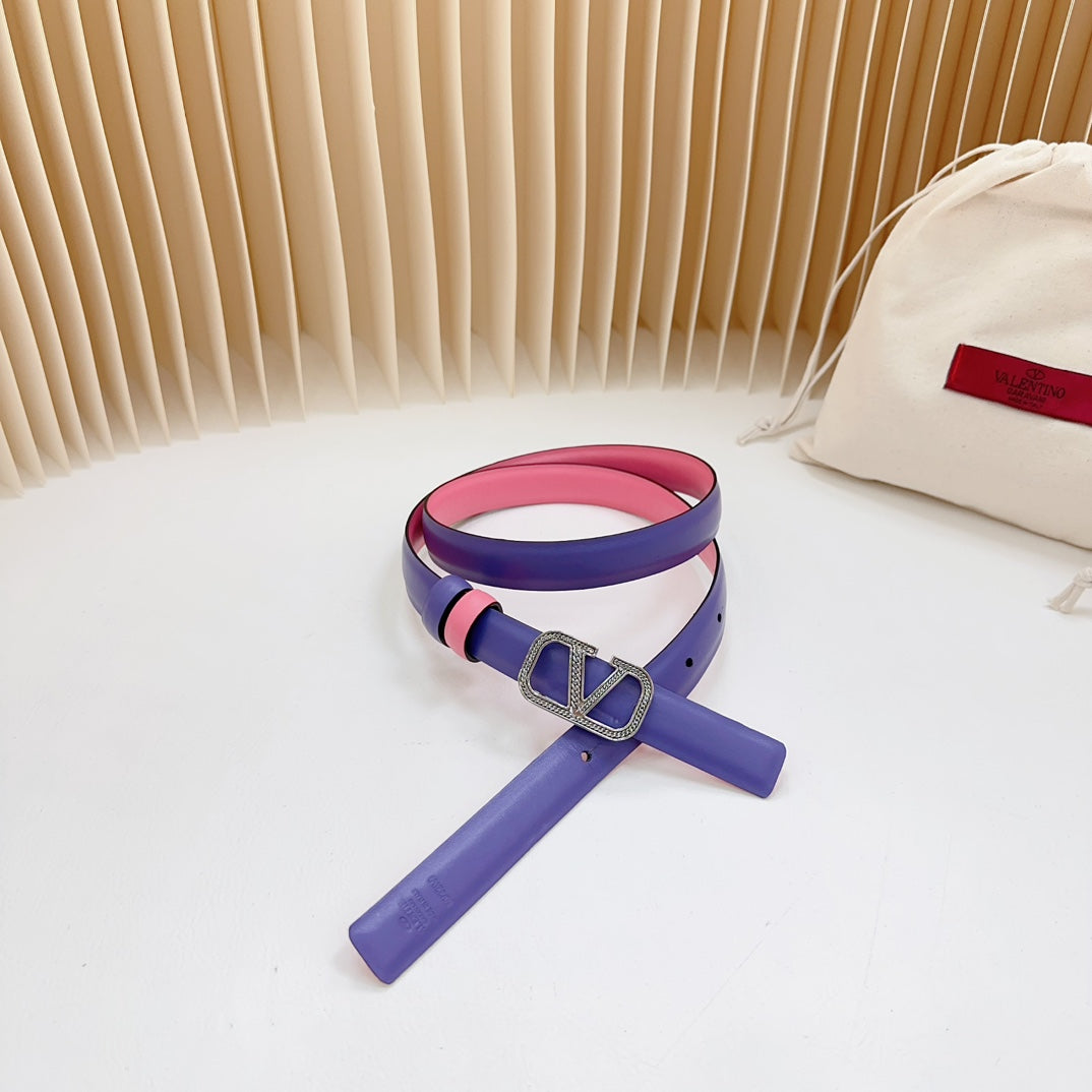 VALENTINO Vlogo Buckle Water Wave Silver Copper Glossy Pink Purple Leather 20mm Belt