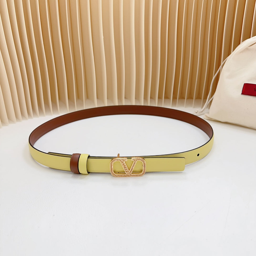 VALENTINO Vlogo Buckle Water Wave Gold Copper Glossy Brown Yellow Leather 20mm Belt