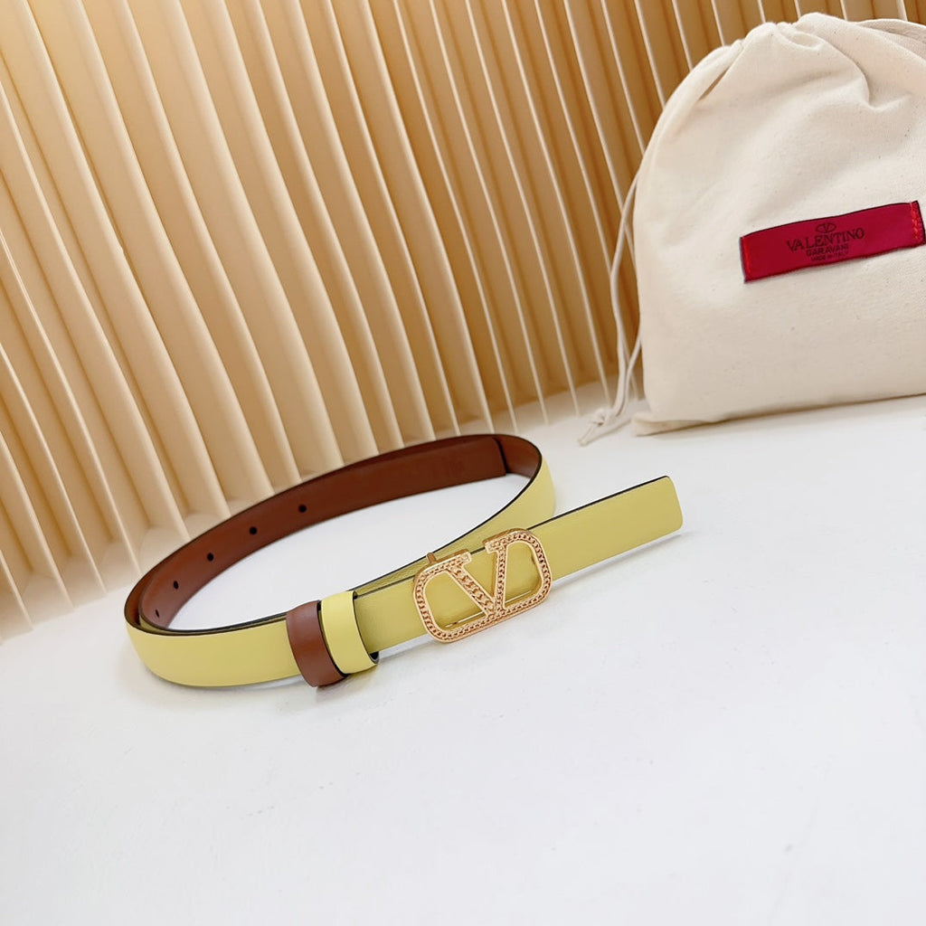 VALENTINO Vlogo Buckle Water Wave Gold Copper Glossy Brown Yellow Leather 20mm Belt