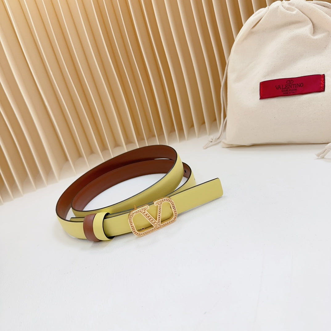 VALENTINO Vlogo Buckle Water Wave Gold Copper Glossy Brown Yellow Leather 20mm Belt