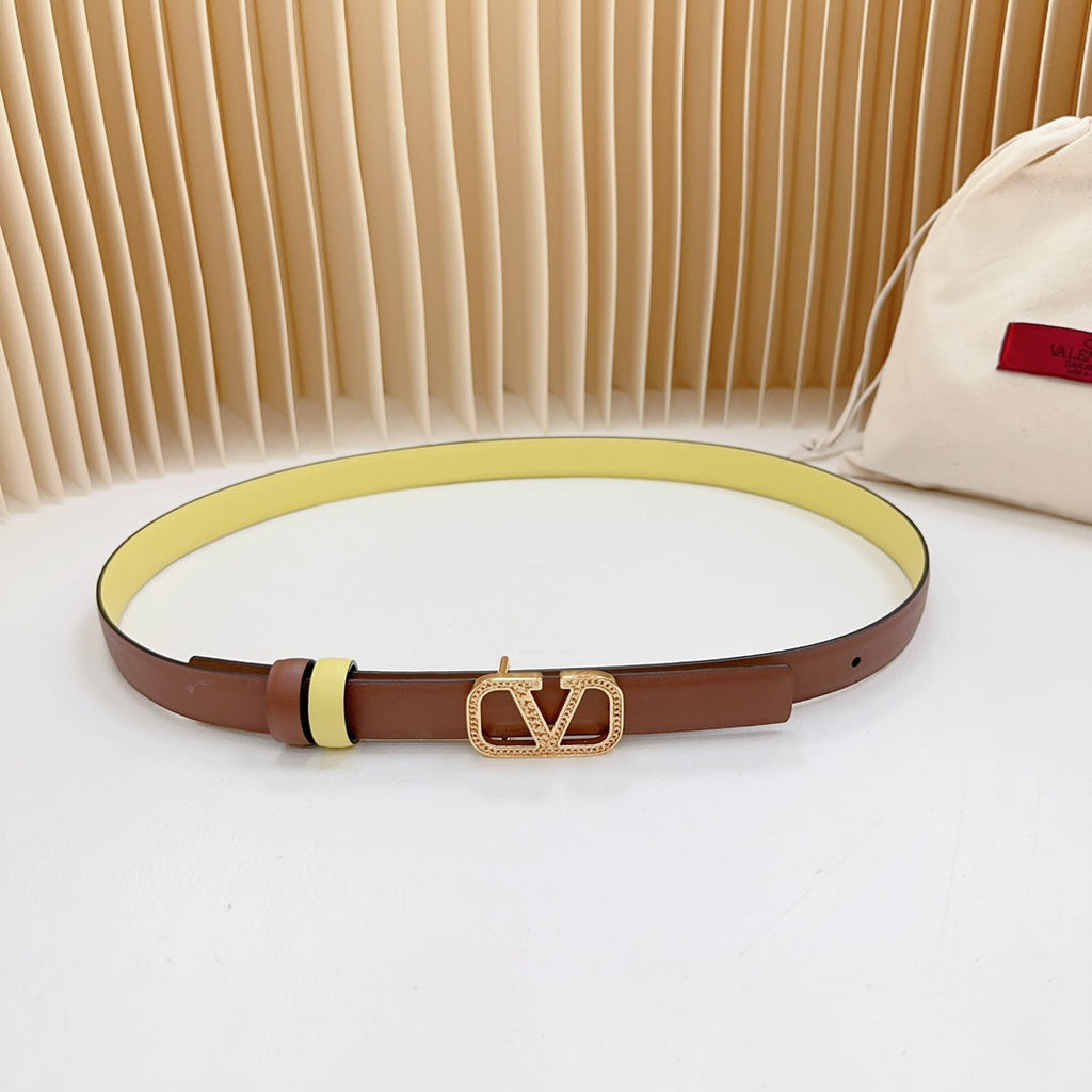 VALENTINO Vlogo Buckle Water Wave Gold Copper Glossy Brown Yellow Leather 20mm Belt