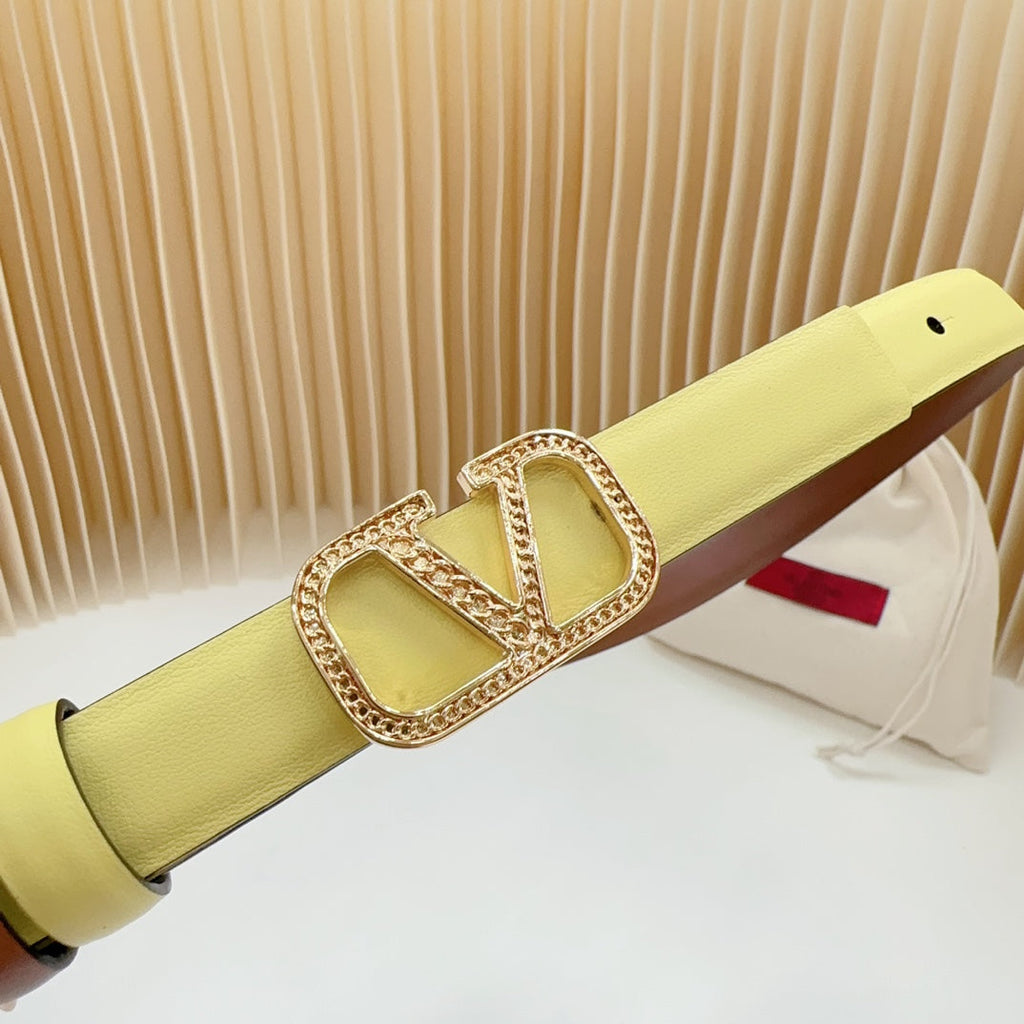 VALENTINO Vlogo Buckle Water Wave Gold Copper Glossy Brown Yellow Leather 20mm Belt