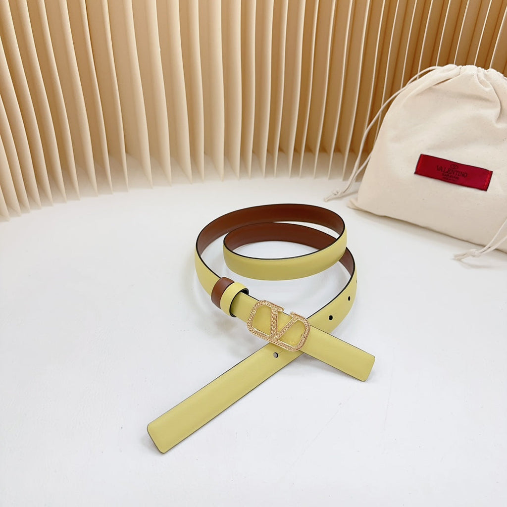 VALENTINO Vlogo Buckle Water Wave Gold Copper Glossy Brown Yellow Leather 20mm Belt