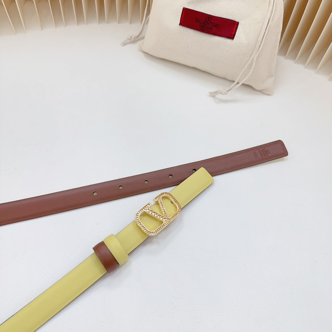 VALENTINO Vlogo Buckle Water Wave Gold Copper Glossy Brown Yellow Leather 20mm Belt