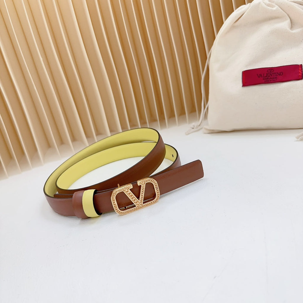 VALENTINO Vlogo Buckle Water Wave Gold Copper Glossy Brown Yellow Leather 20mm Belt
