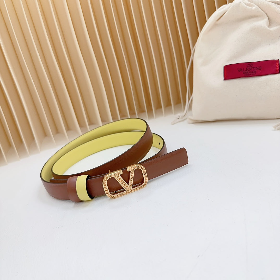 VALENTINO Vlogo Buckle Water Wave Gold Copper Glossy Brown Yellow Leather 20mm Belt