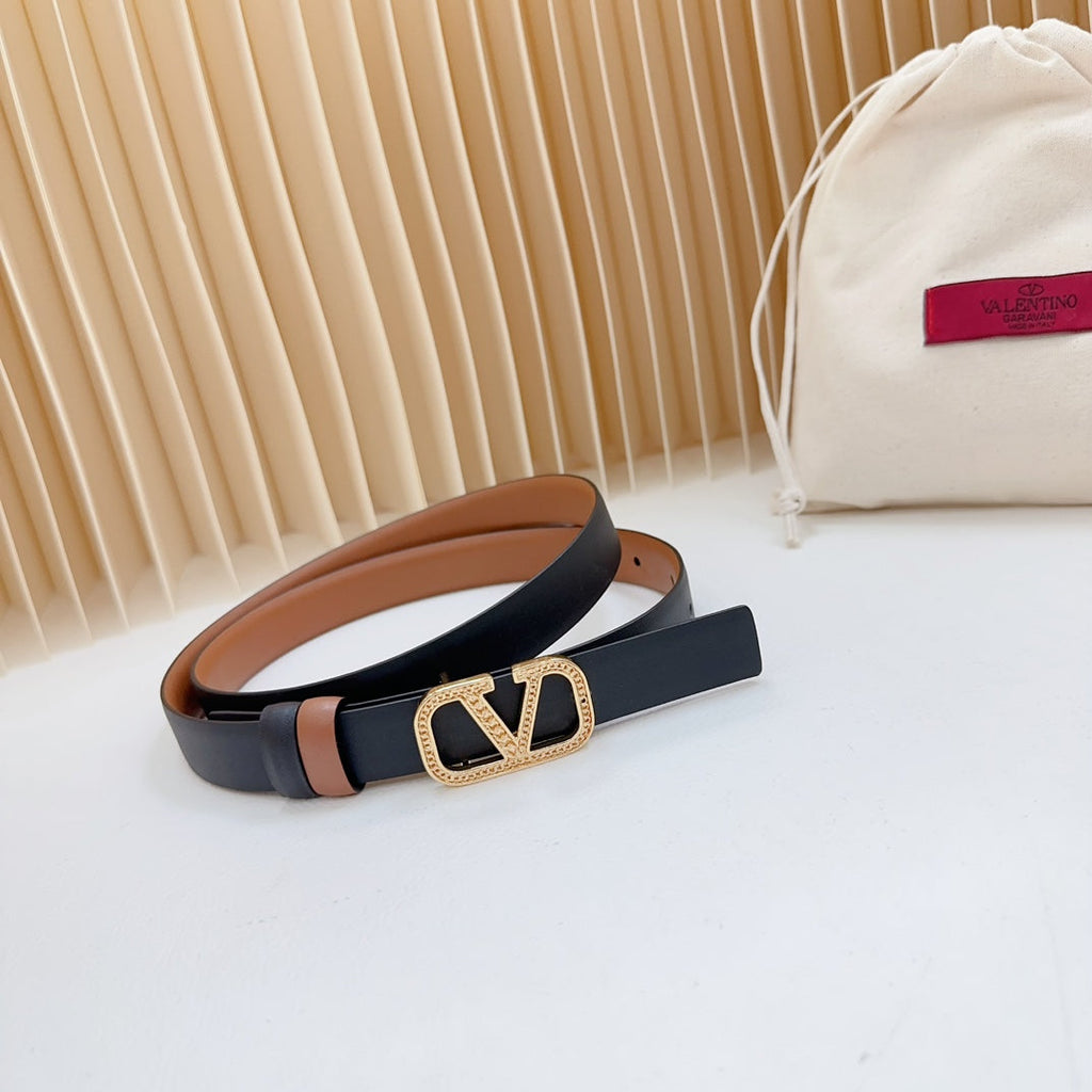 VALENTINO Vlogo Buckle Water Wave Gold Copper Glossy Brown Black Leather 20mm Belt