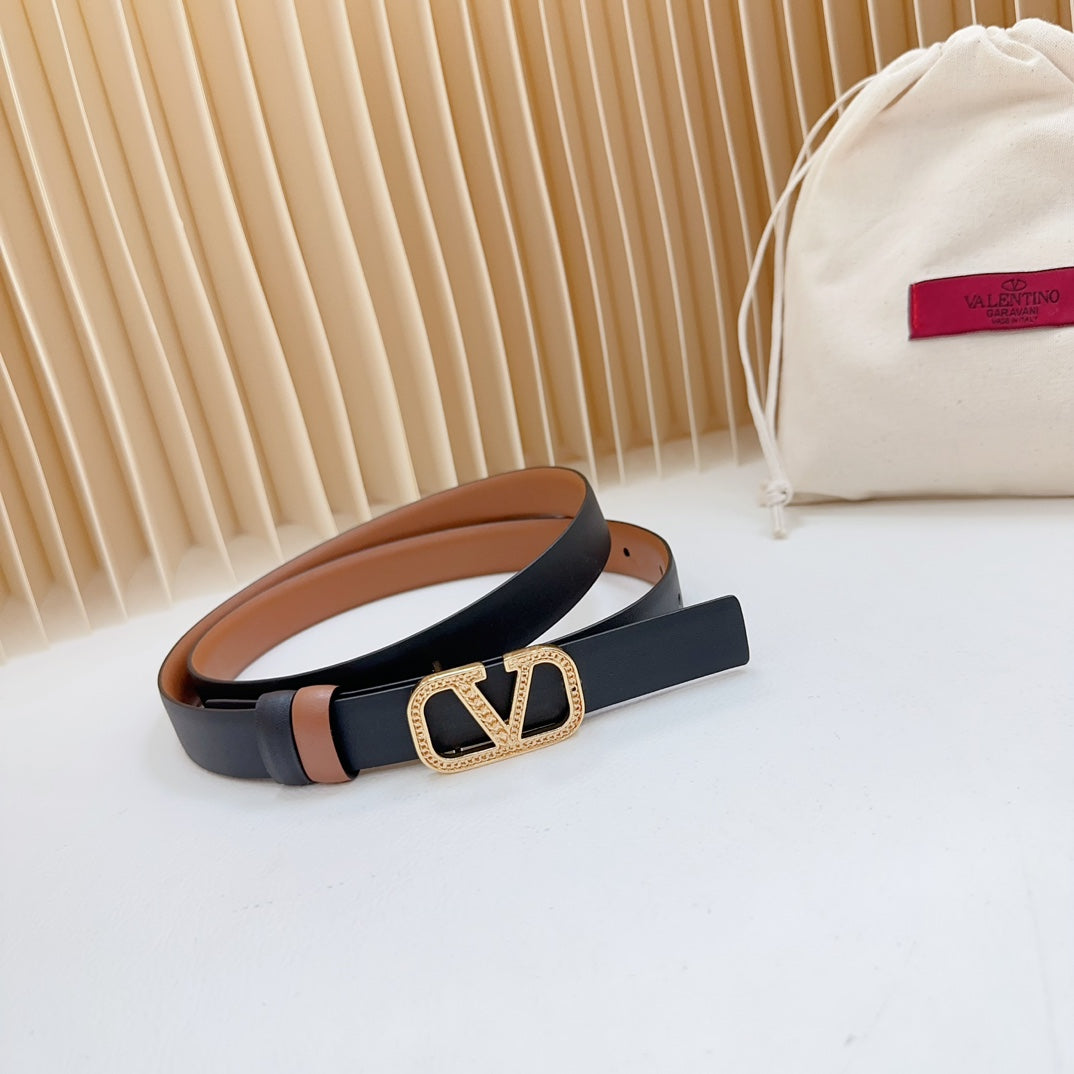 VALENTINO Vlogo Buckle Water Wave Gold Copper Glossy Brown Black Leather 20mm Belt