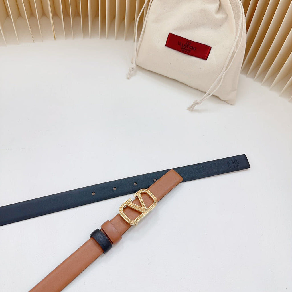 VALENTINO Vlogo Buckle Water Wave Gold Copper Glossy Brown Black Leather 20mm Belt
