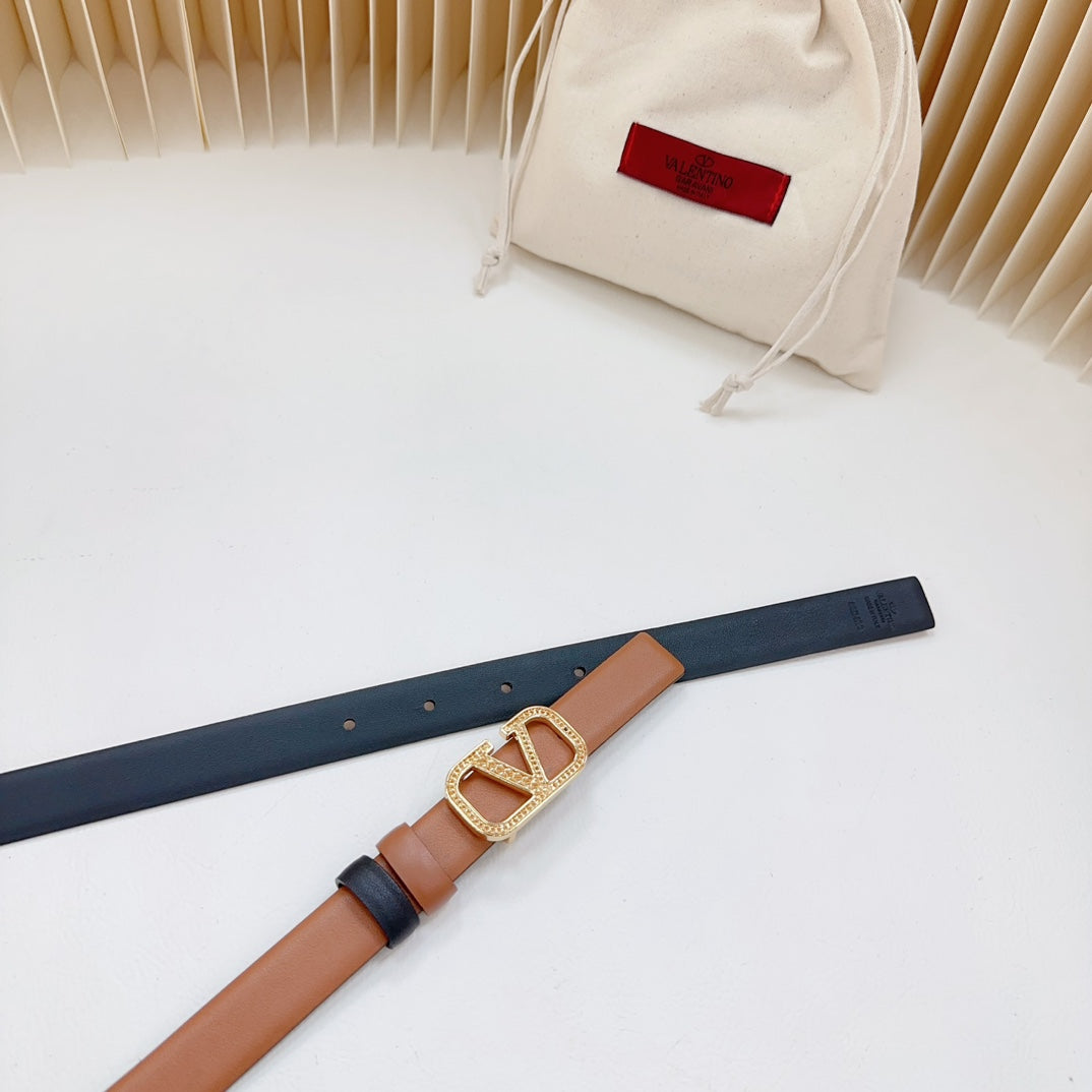VALENTINO Vlogo Buckle Water Wave Gold Copper Glossy Brown Black Leather 20mm Belt