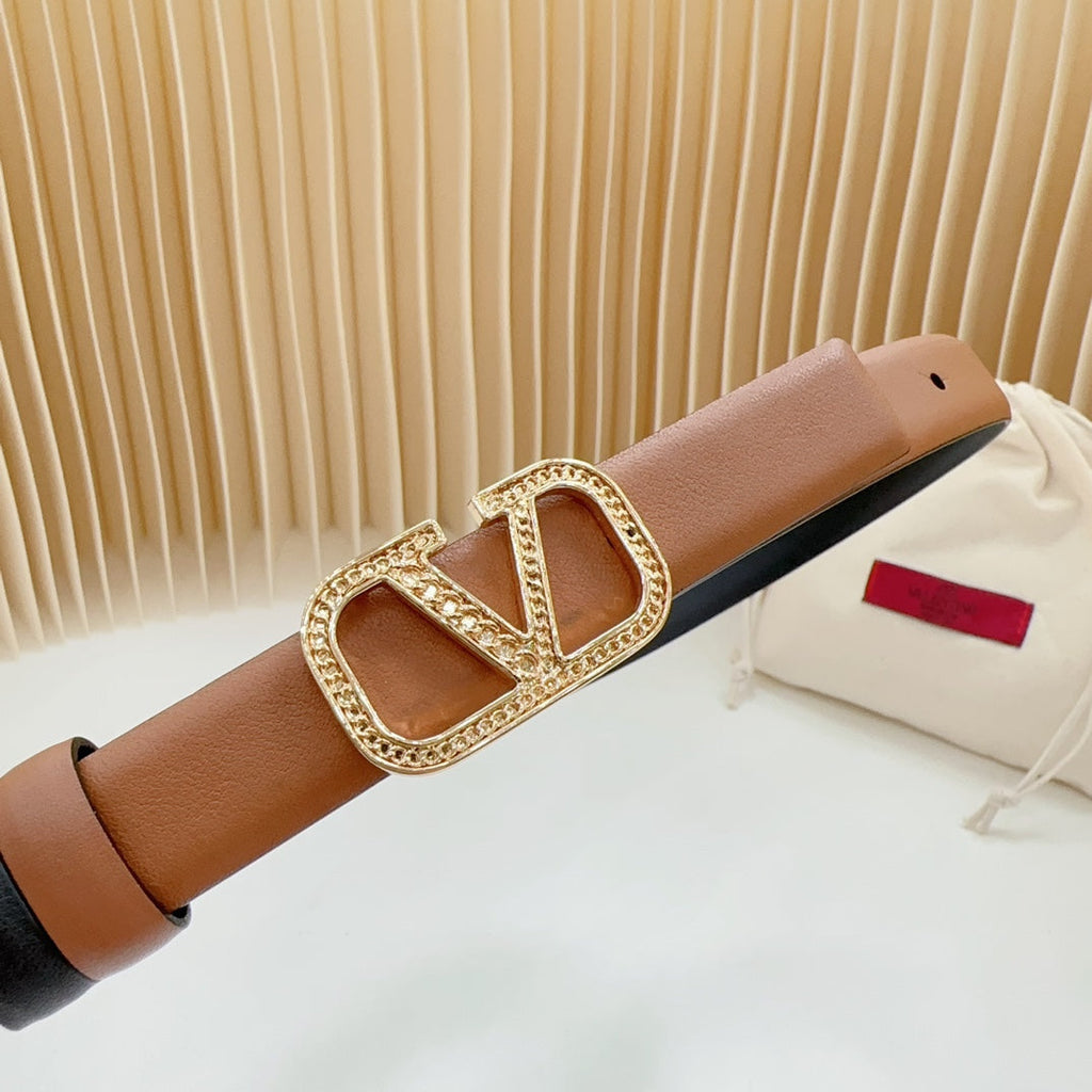 VALENTINO Vlogo Buckle Water Wave Gold Copper Glossy Brown Black Leather 20mm Belt