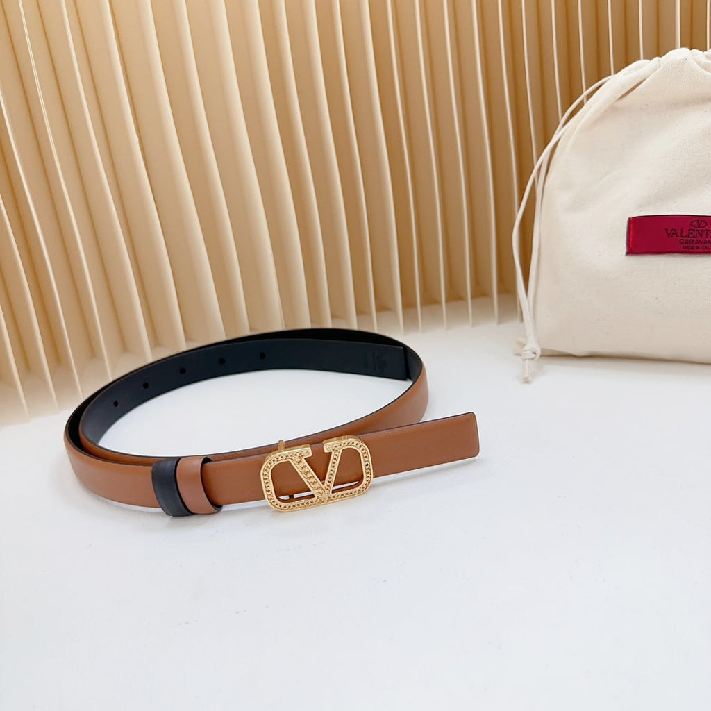 VALENTINO Vlogo Buckle Water Wave Gold Copper Glossy Brown Black Leather 20mm Belt