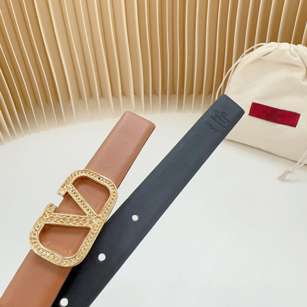 VALENTINO Vlogo Buckle Water Wave Gold Copper Glossy Brown Black Leather 20mm Belt