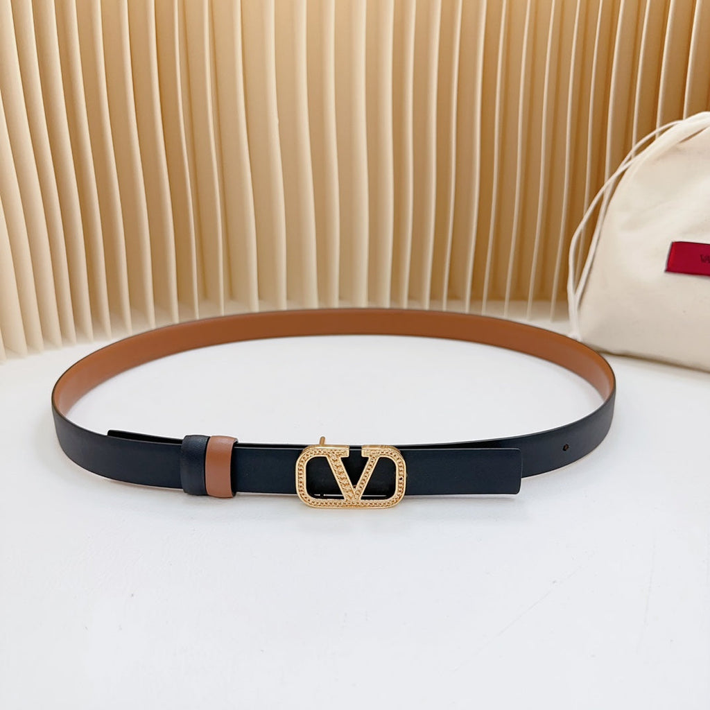 VALENTINO Vlogo Buckle Water Wave Gold Copper Glossy Brown Black Leather 20mm Belt
