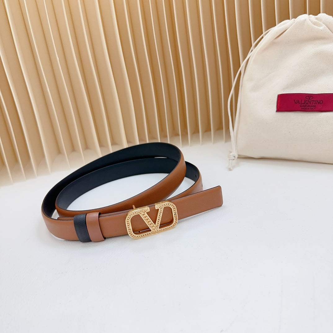 VALENTINO Vlogo Buckle Water Wave Gold Copper Glossy Brown Black Leather 20mm Belt