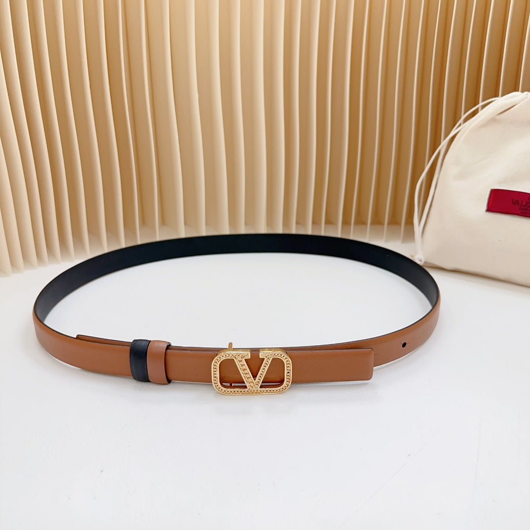 VALENTINO Vlogo Buckle Water Wave Gold Copper Glossy Brown Black Leather 20mm Belt