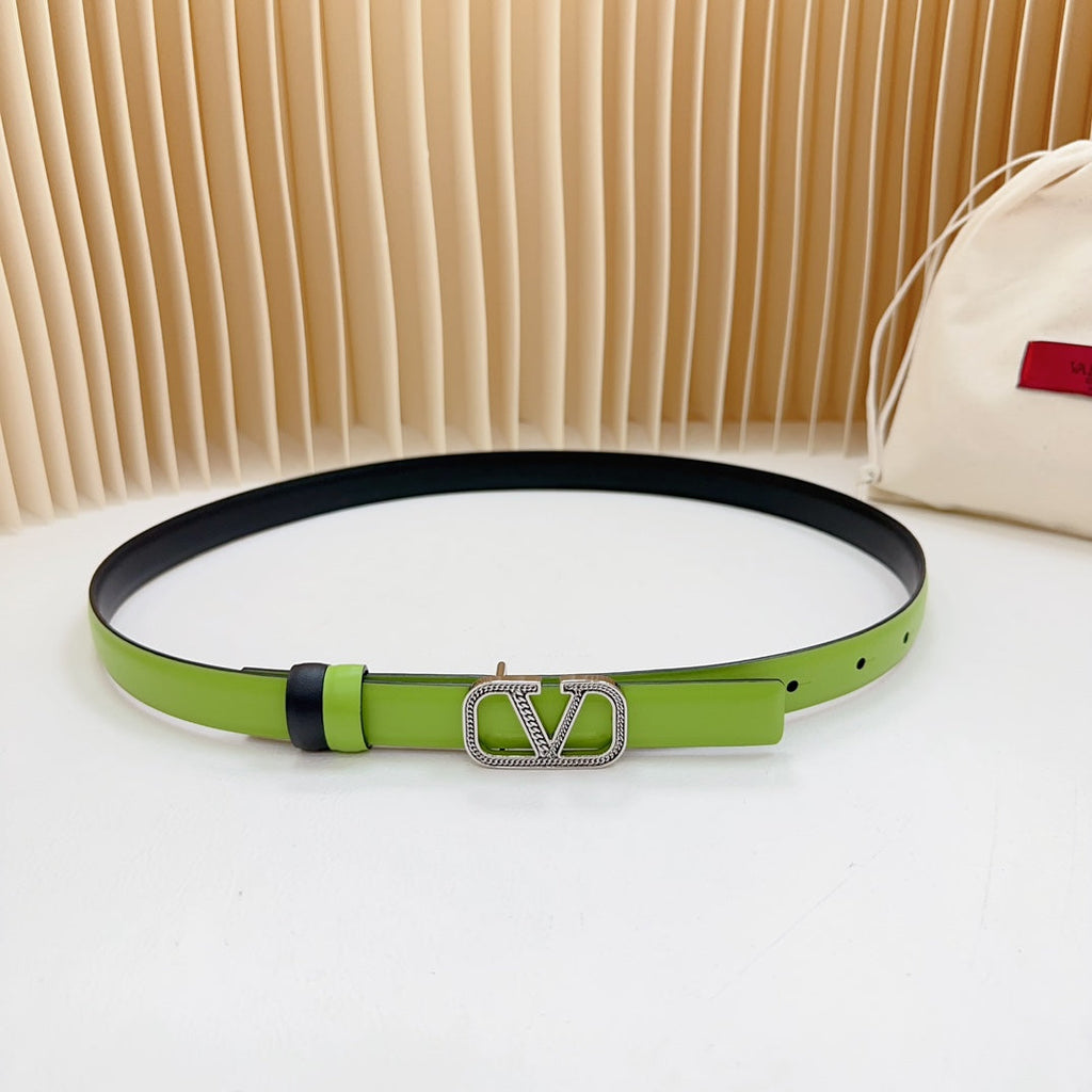 VALENTINO Vlogo Buckle Water Wave Silver Copper Glossy Green Black Leather 20mm Belt