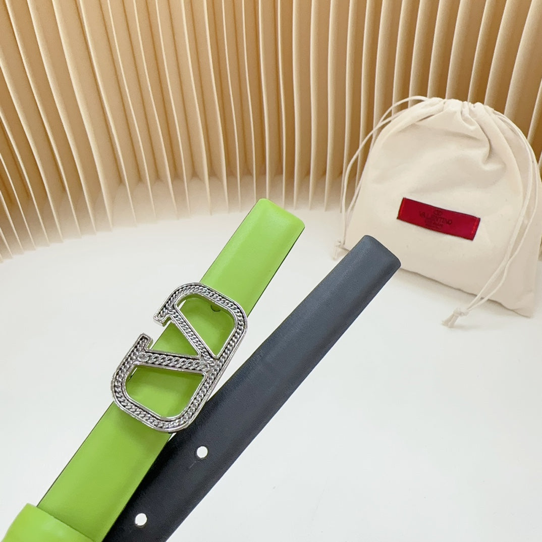 VALENTINO Vlogo Buckle Water Wave Silver Copper Glossy Green Black Leather 20mm Belt