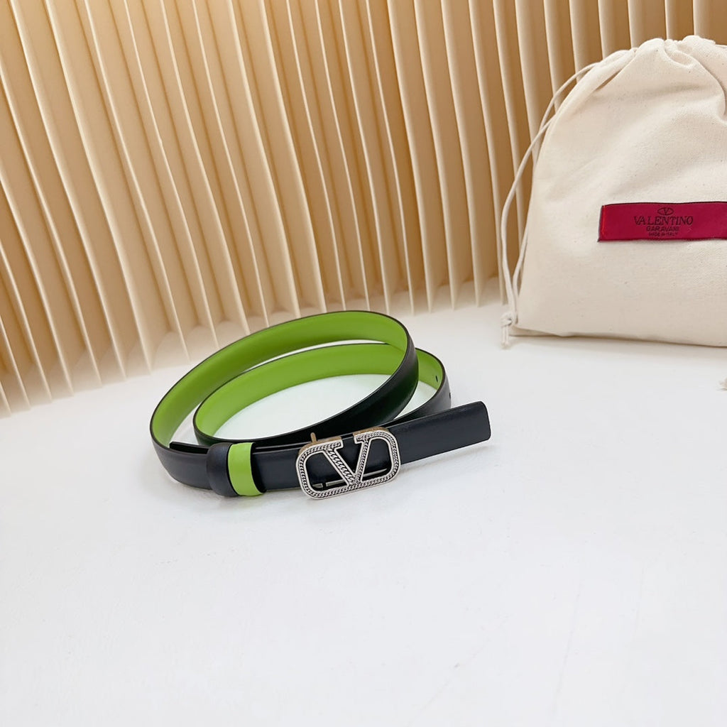 VALENTINO Vlogo Buckle Water Wave Silver Copper Glossy Green Black Leather 20mm Belt