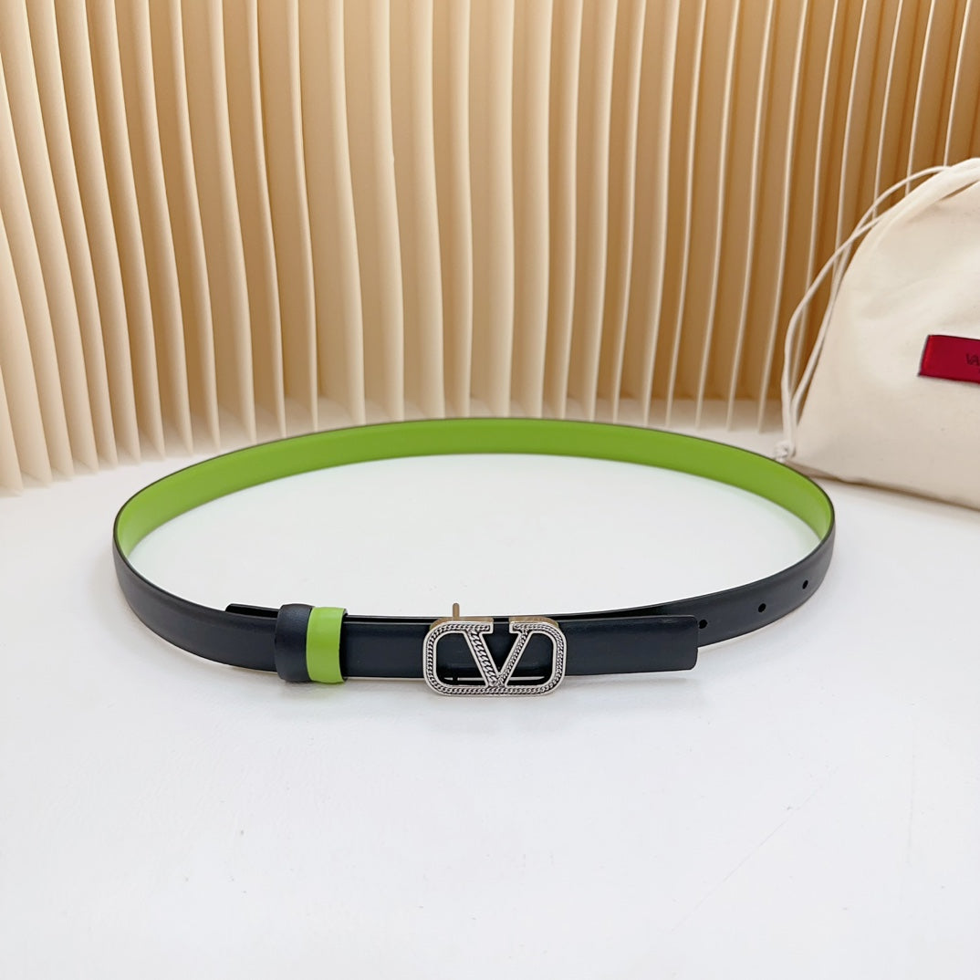 VALENTINO Vlogo Buckle Water Wave Silver Copper Glossy Green Black Leather 20mm Belt