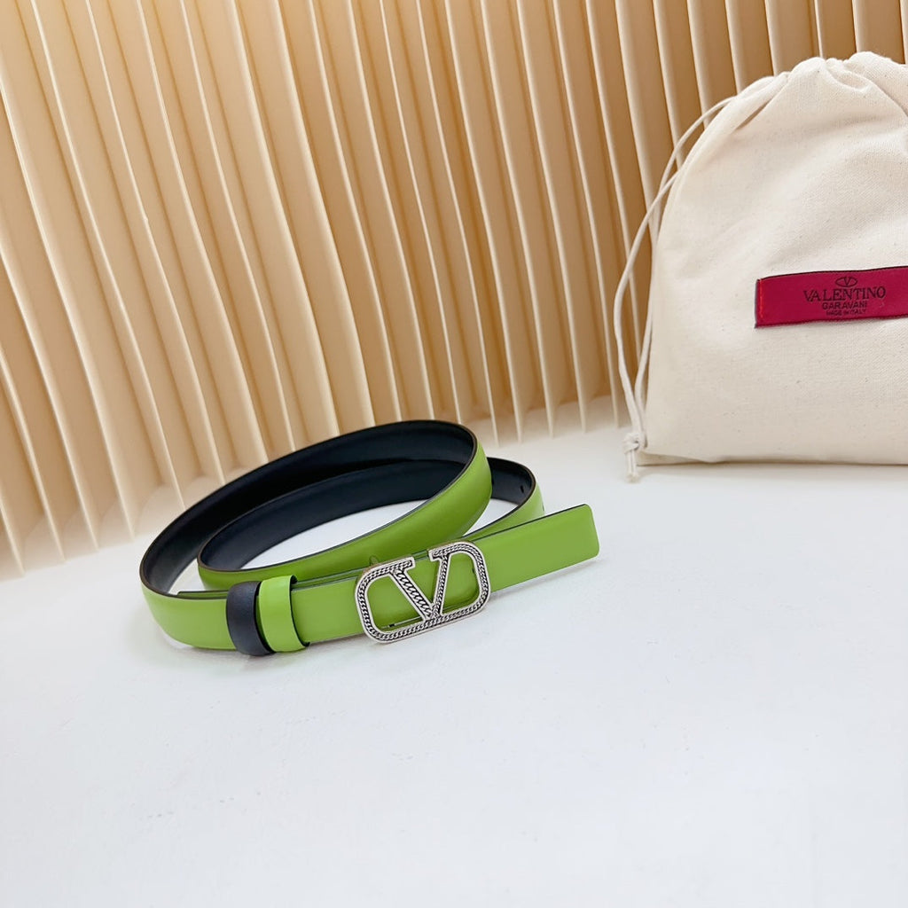 VALENTINO Vlogo Buckle Water Wave Silver Copper Glossy Green Black Leather 20mm Belt