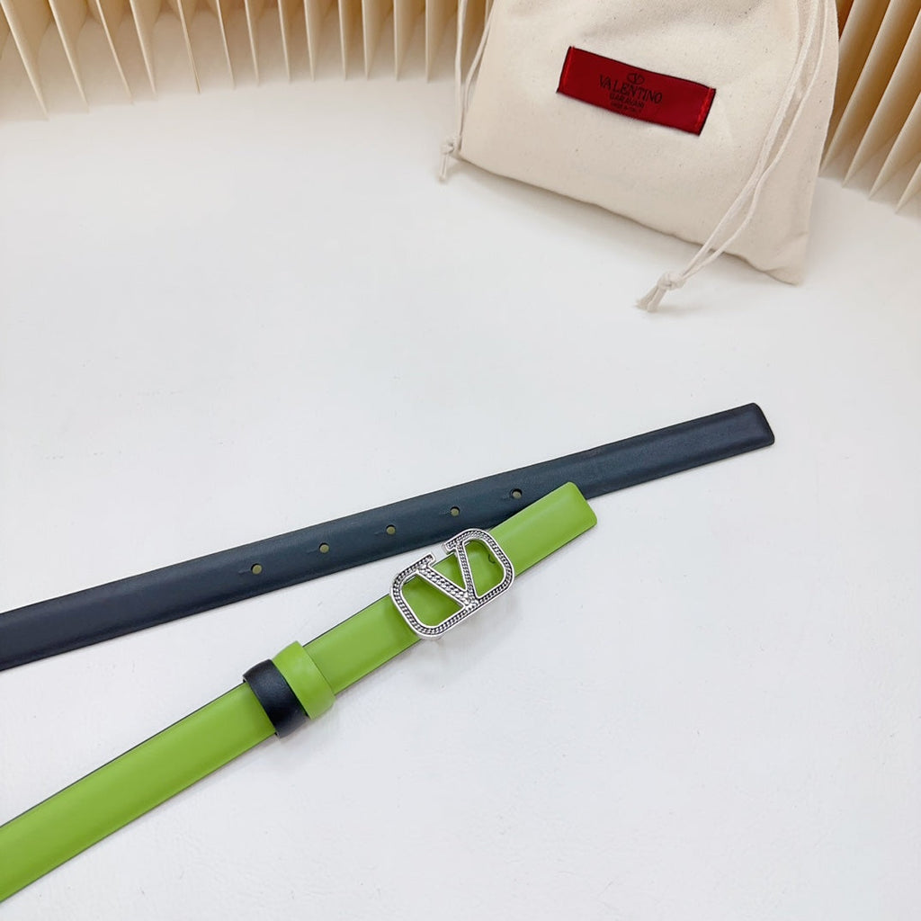 VALENTINO Vlogo Buckle Water Wave Silver Copper Glossy Green Black Leather 20mm Belt