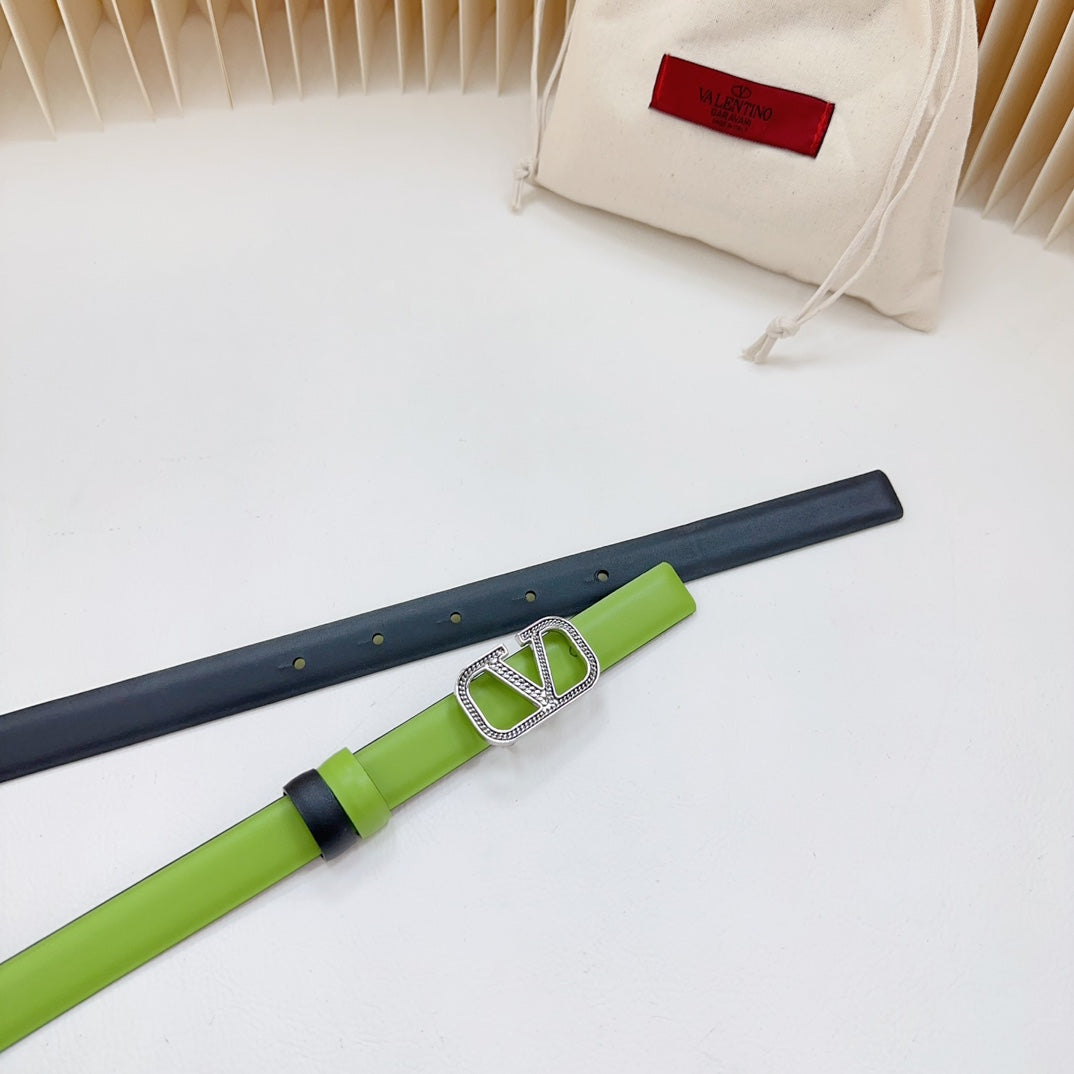 VALENTINO Vlogo Buckle Water Wave Silver Copper Glossy Green Black Leather 20mm Belt
