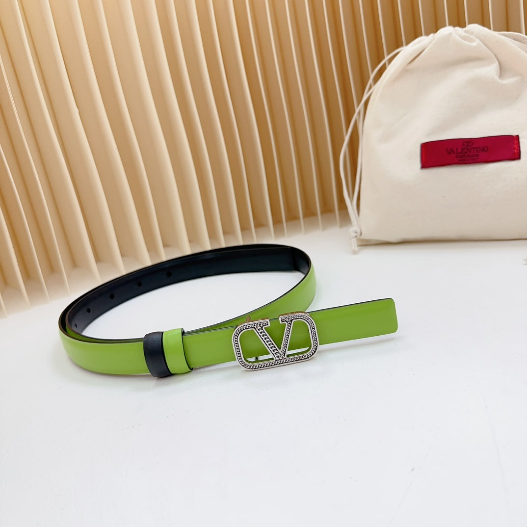 VALENTINO Vlogo Buckle Water Wave Silver Copper Glossy Green Black Leather 20mm Belt