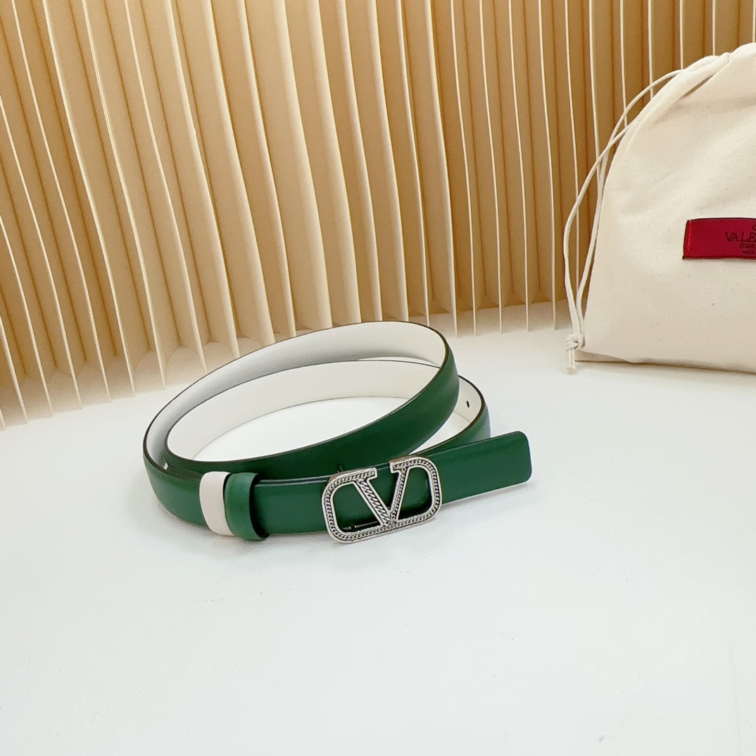 VALENTINO Vlogo Buckle Water Wave Silver Copper Glossy Dark Green White Leather 20mm Belt