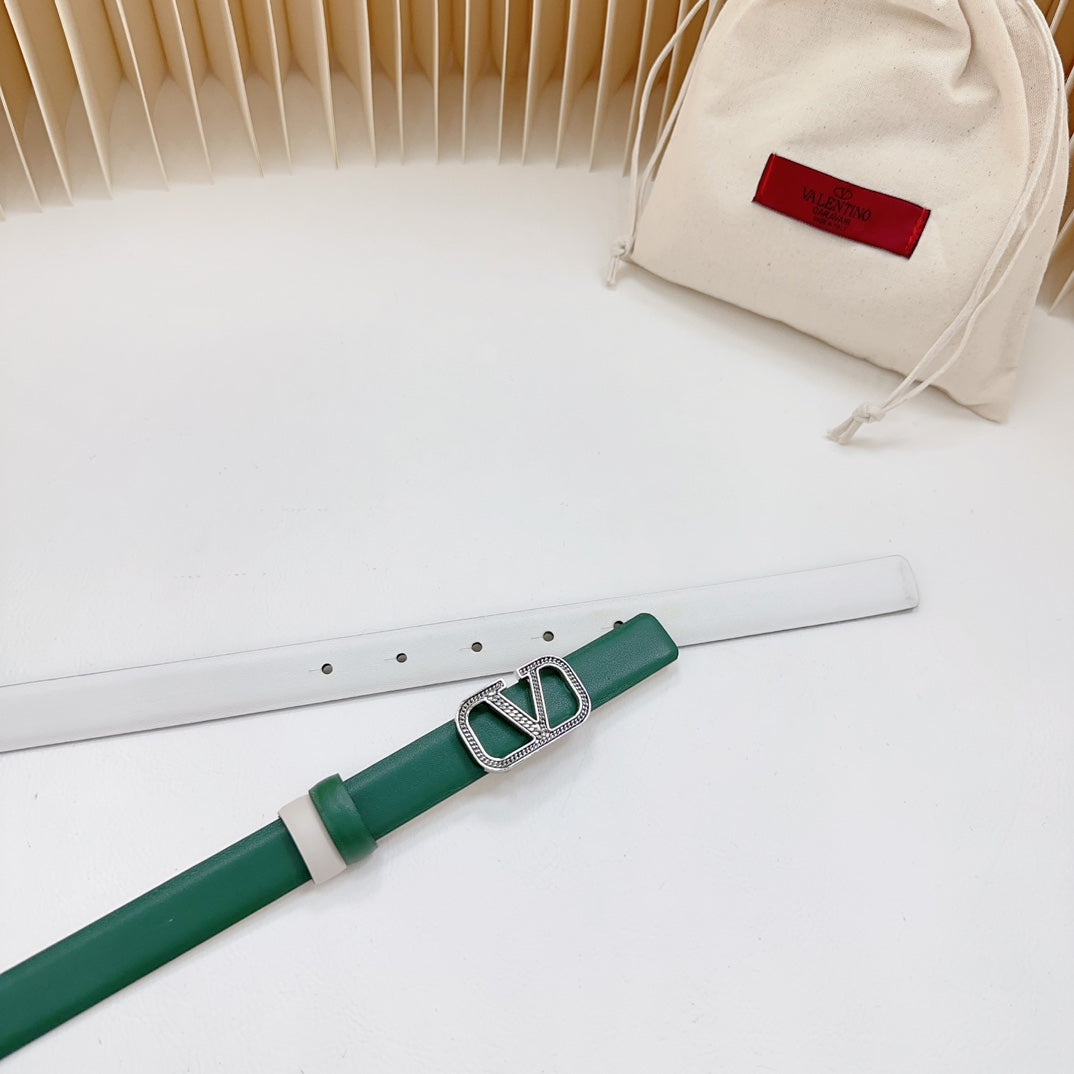 VALENTINO Vlogo Buckle Water Wave Silver Copper Glossy Dark Green White Leather 20mm Belt