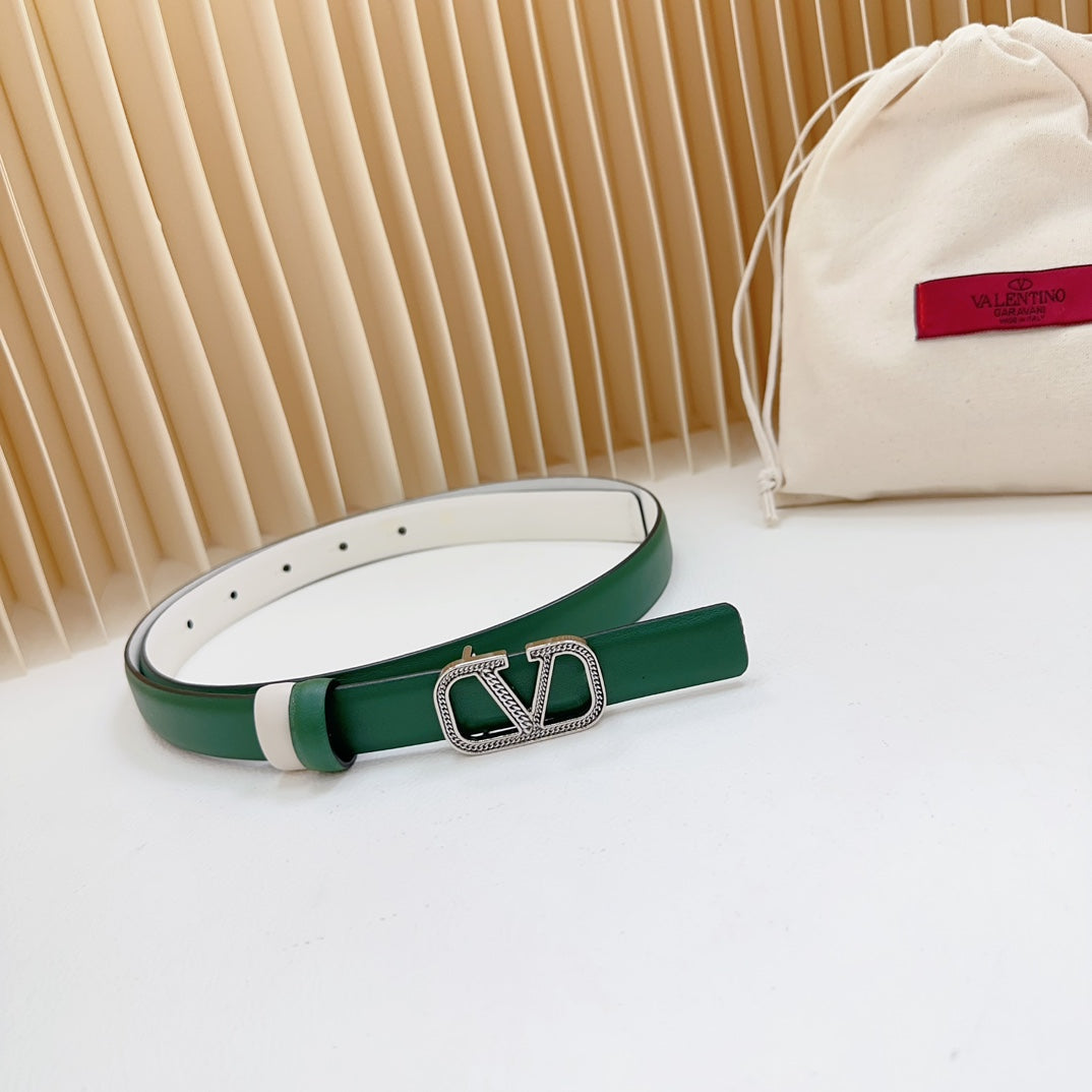 VALENTINO Vlogo Buckle Water Wave Silver Copper Glossy Dark Green White Leather 20mm Belt