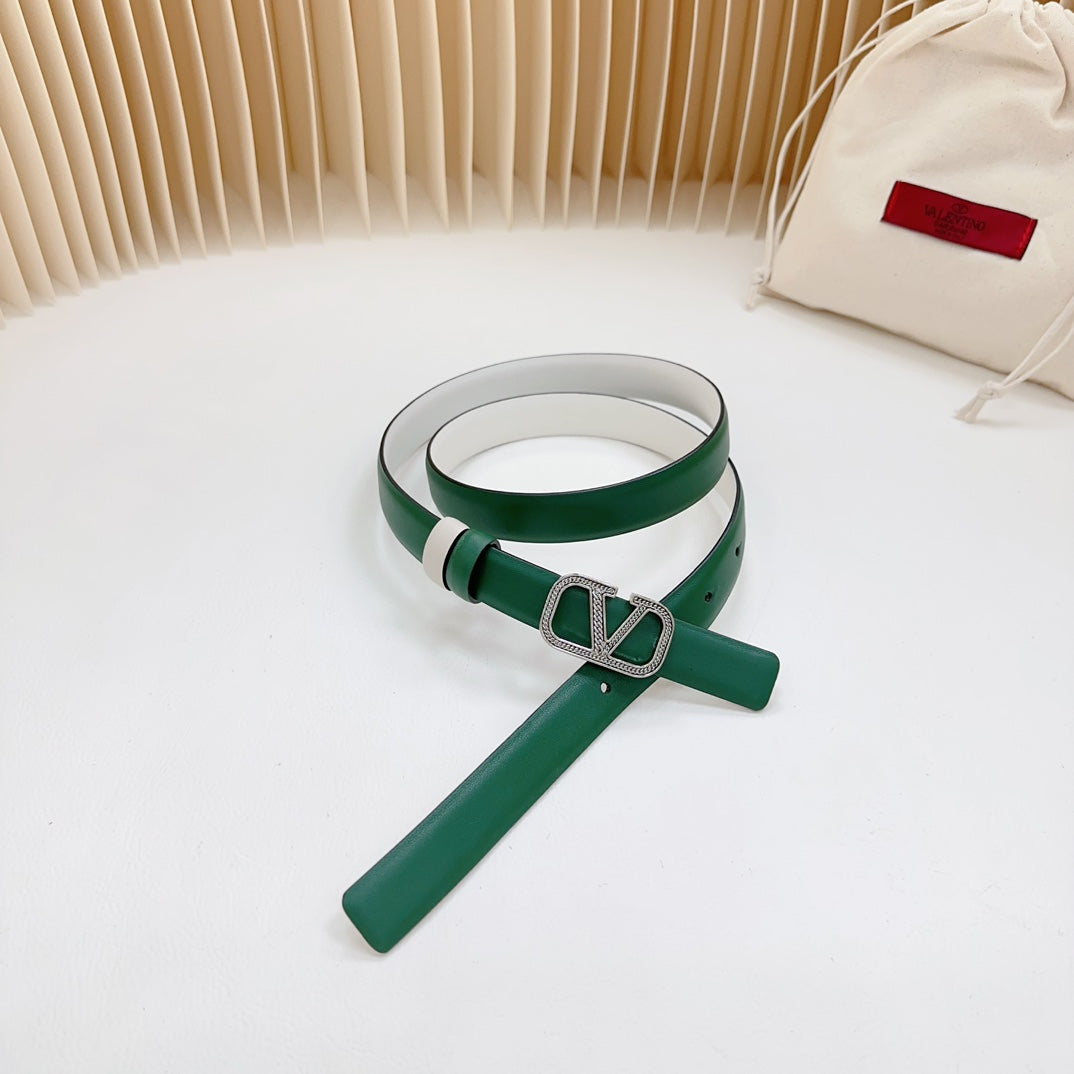 VALENTINO Vlogo Buckle Water Wave Silver Copper Glossy Dark Green White Leather 20mm Belt