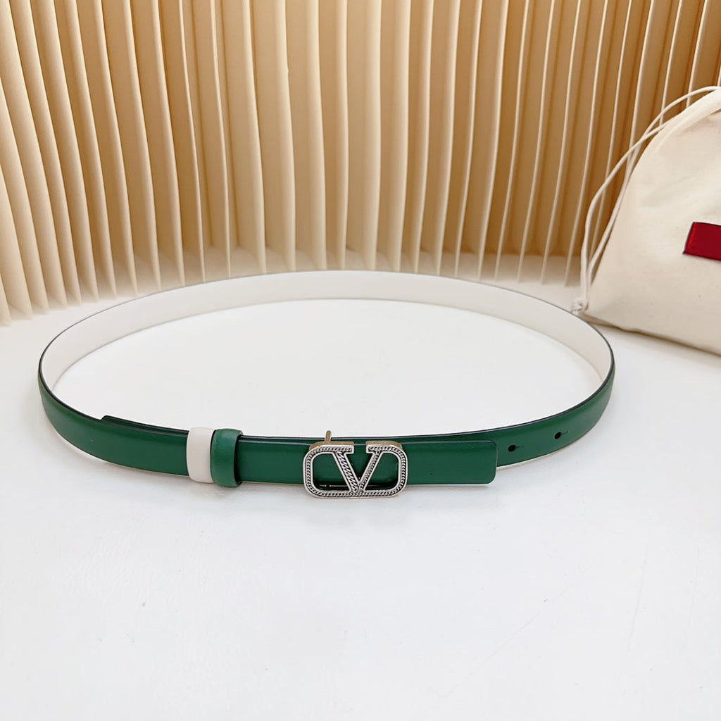 VALENTINO Vlogo Buckle Water Wave Silver Copper Glossy Dark Green White Leather 20mm Belt