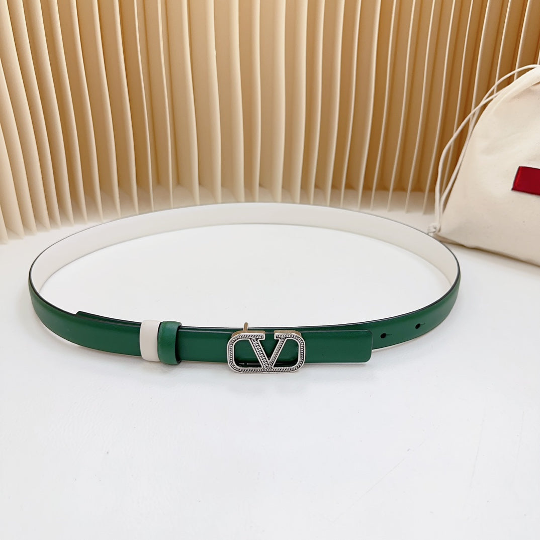 VALENTINO Vlogo Buckle Water Wave Silver Copper Glossy Dark Green White Leather 20mm Belt