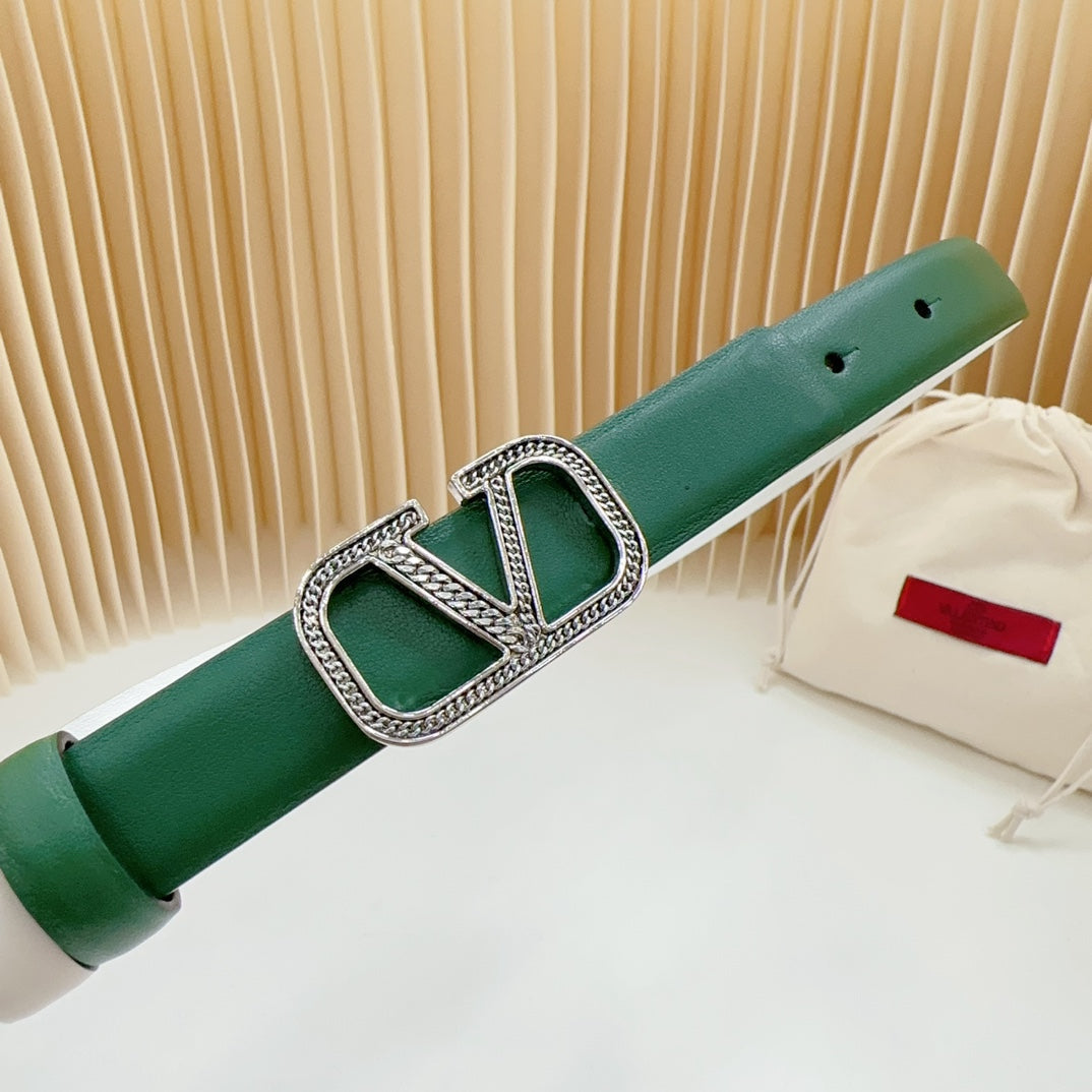 VALENTINO Vlogo Buckle Water Wave Silver Copper Glossy Dark Green White Leather 20mm Belt