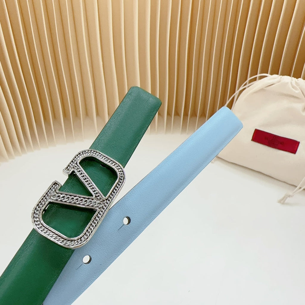 VALENTINO Vlogo Buckle Water Wave Silver Copper Glossy Dark Green Cloud Blue Leather 20mm Belt