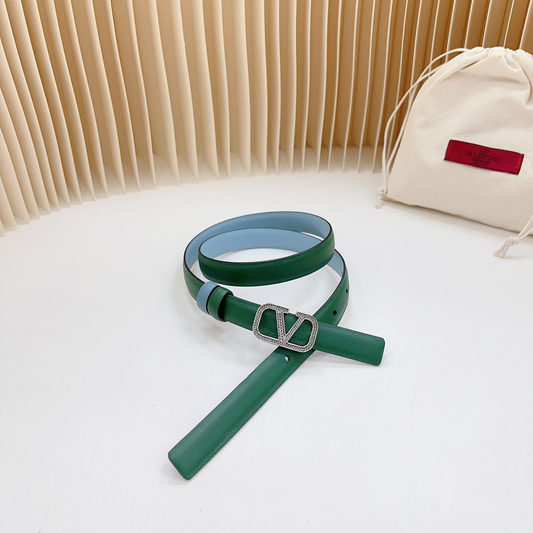 VALENTINO Vlogo Buckle Water Wave Silver Copper Glossy Dark Green Cloud Blue Leather 20mm Belt