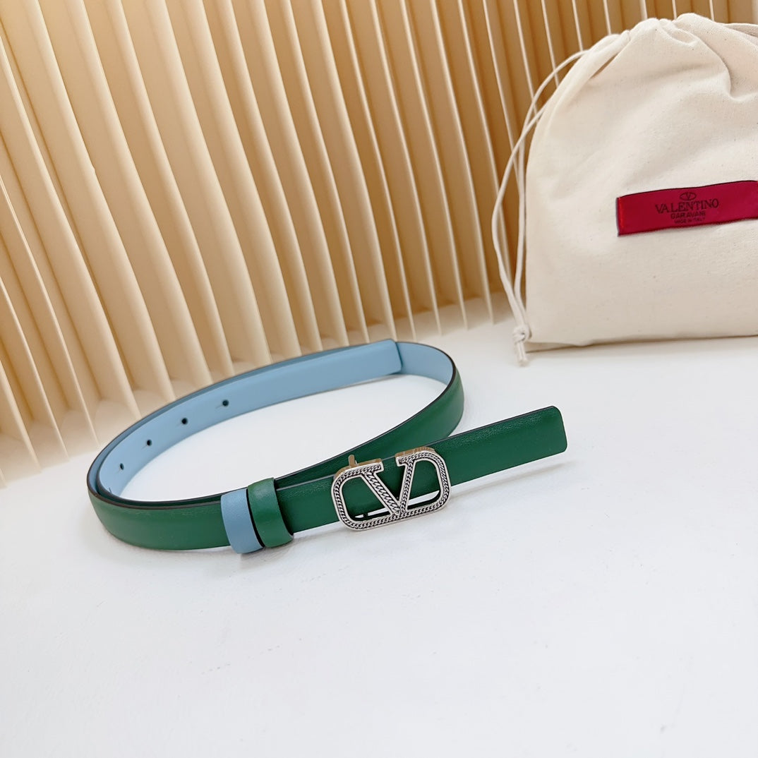 VALENTINO Vlogo Buckle Water Wave Silver Copper Glossy Dark Green Cloud Blue Leather 20mm Belt