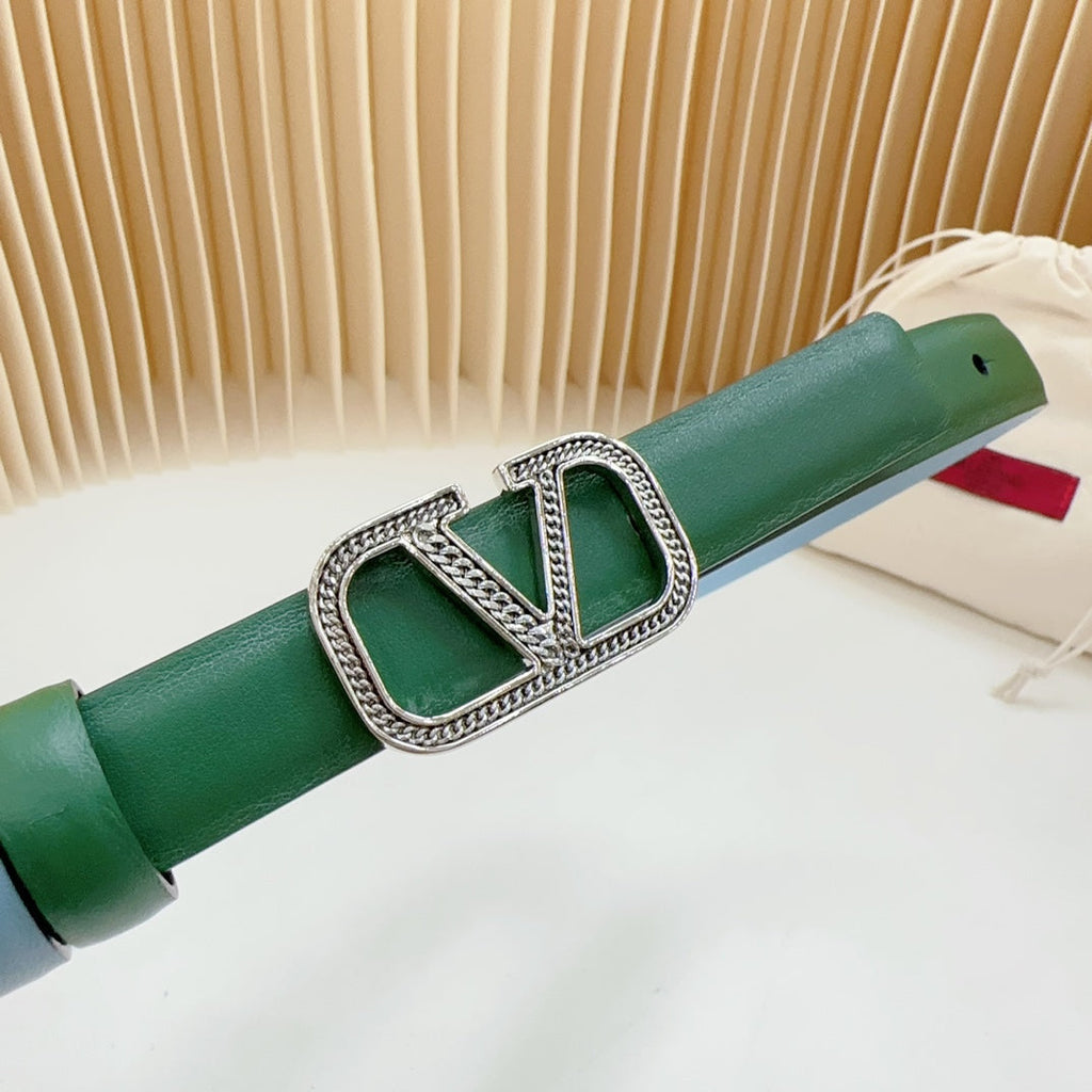 VALENTINO Vlogo Buckle Water Wave Silver Copper Glossy Dark Green Cloud Blue Leather 20mm Belt