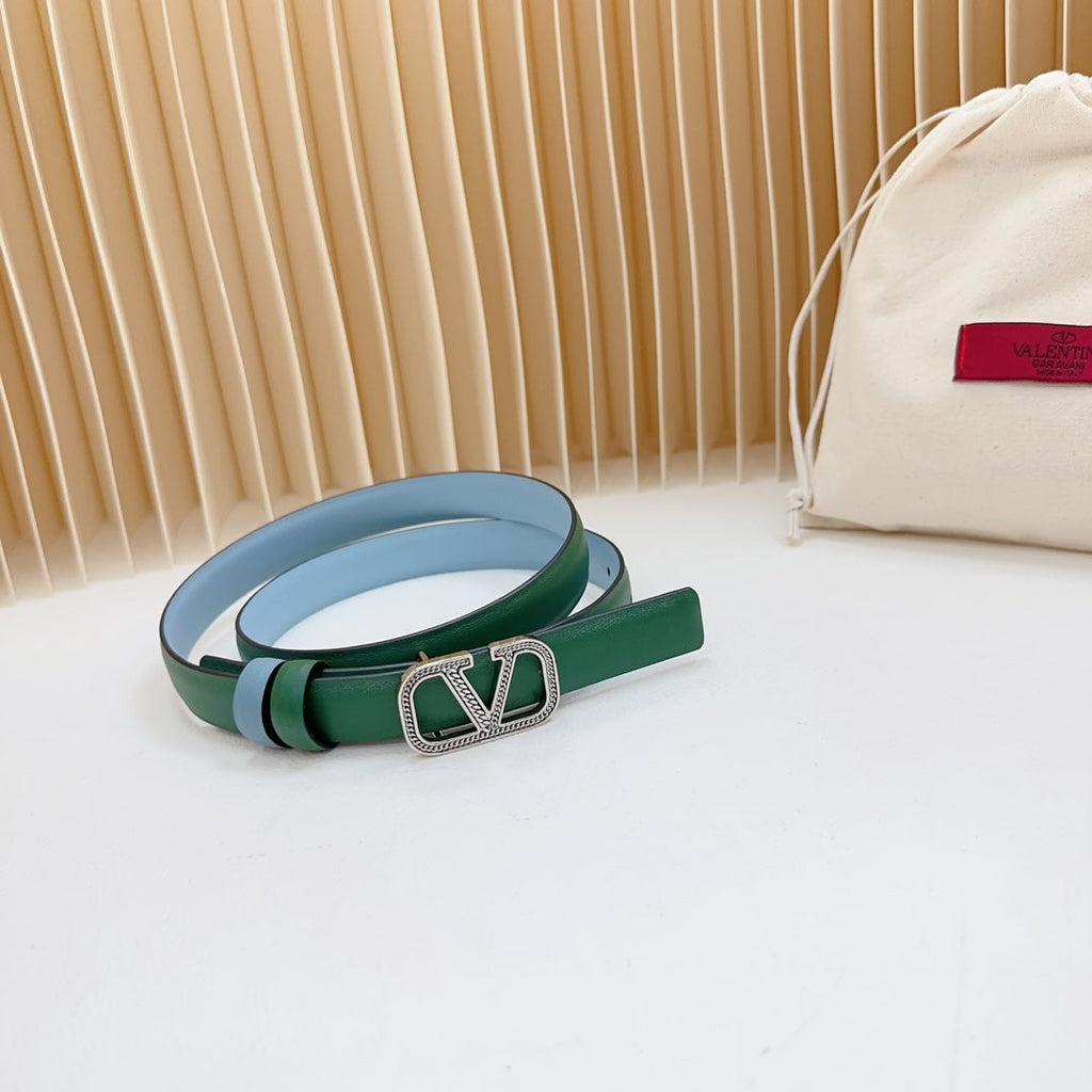 VALENTINO Vlogo Buckle Water Wave Silver Copper Glossy Dark Green Cloud Blue Leather 20mm Belt