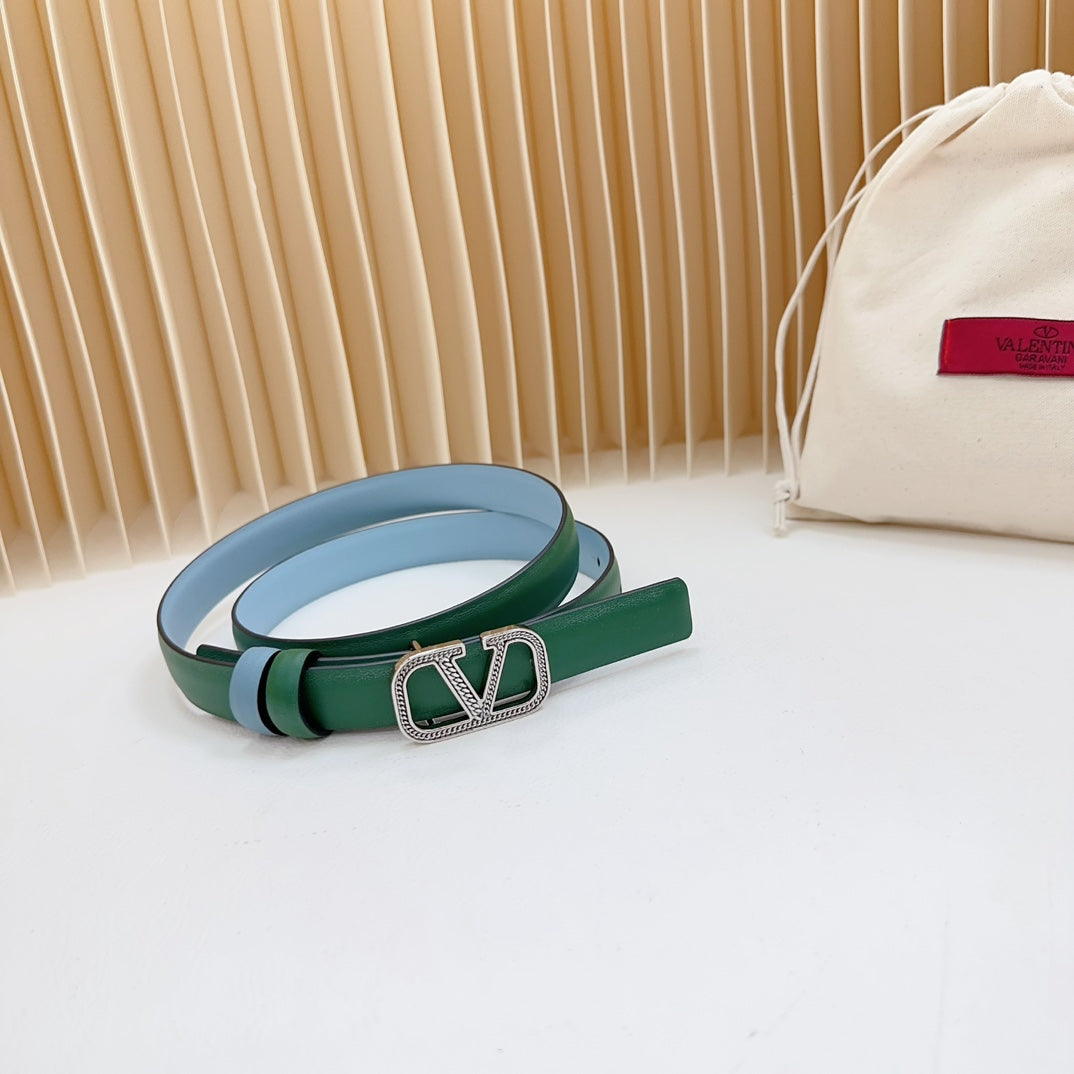 VALENTINO Vlogo Buckle Water Wave Silver Copper Glossy Dark Green Cloud Blue Leather 20mm Belt