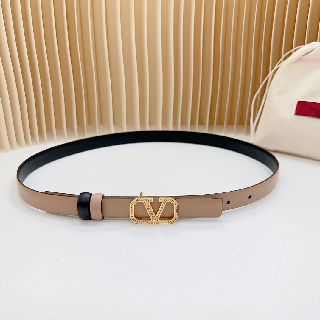 VALENTINO Vlogo Buckle Water Wave Gold Copper Glossy Beige Black Leather 20mm Belt