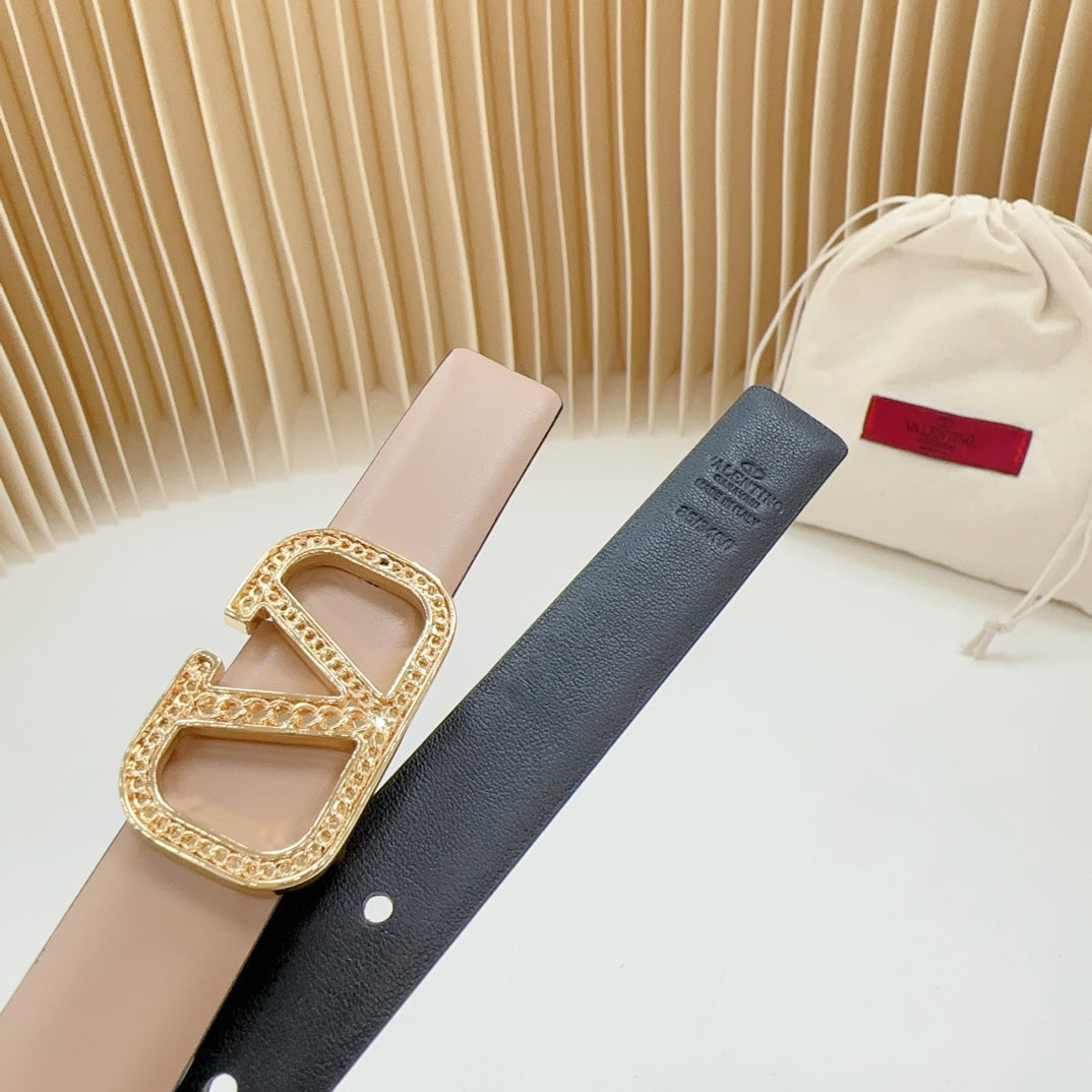 VALENTINO Vlogo Buckle Water Wave Gold Copper Glossy Beige Black Leather 20mm Belt