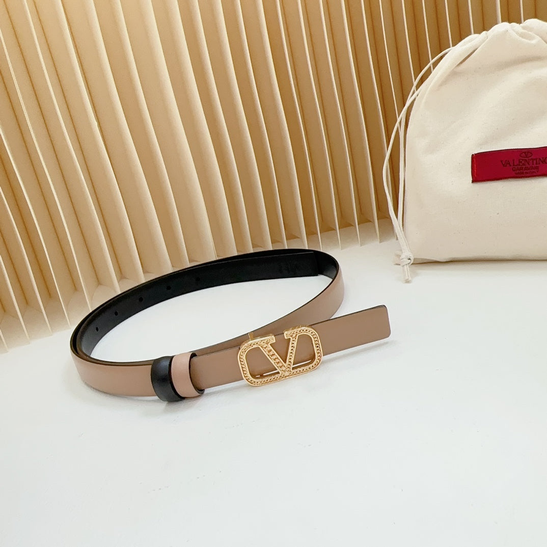 VALENTINO Vlogo Buckle Water Wave Gold Copper Glossy Beige Black Leather 20mm Belt
