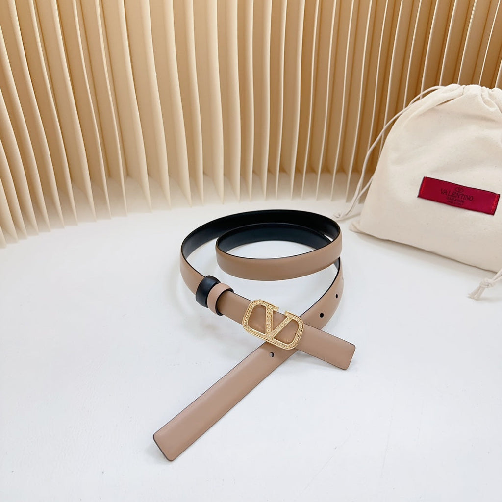 VALENTINO Vlogo Buckle Water Wave Gold Copper Glossy Beige Black Leather 20mm Belt