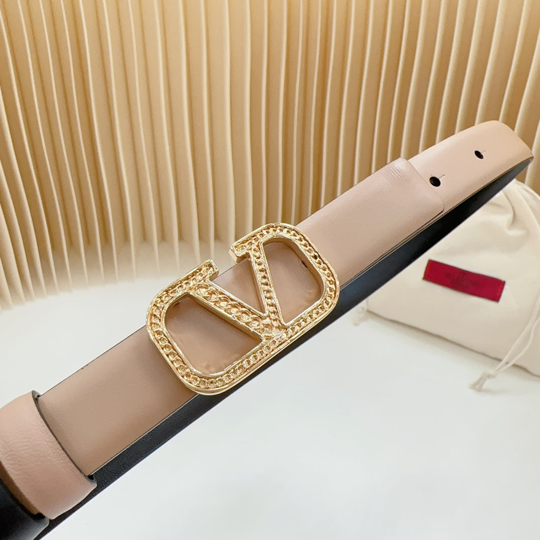 VALENTINO Vlogo Buckle Water Wave Gold Copper Glossy Beige Black Leather 20mm Belt