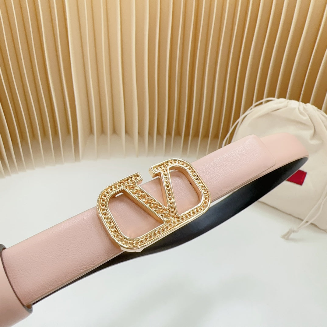 VALENTINO Vlogo Buckle Water Wave Gold Copper Glossy Light Pink Black Leather 20mm Belt