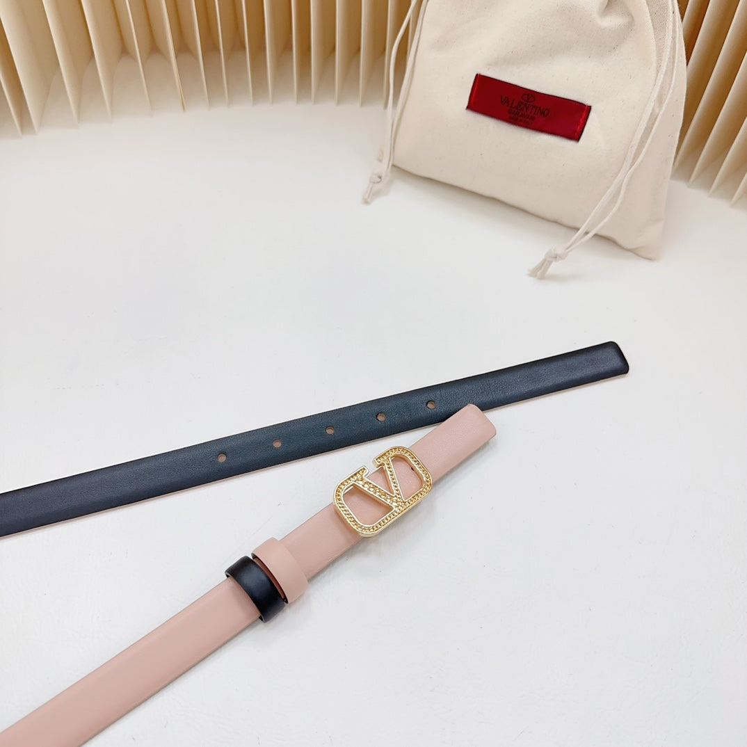 VALENTINO Vlogo Buckle Water Wave Gold Copper Glossy Light Pink Black Leather 20mm Belt
