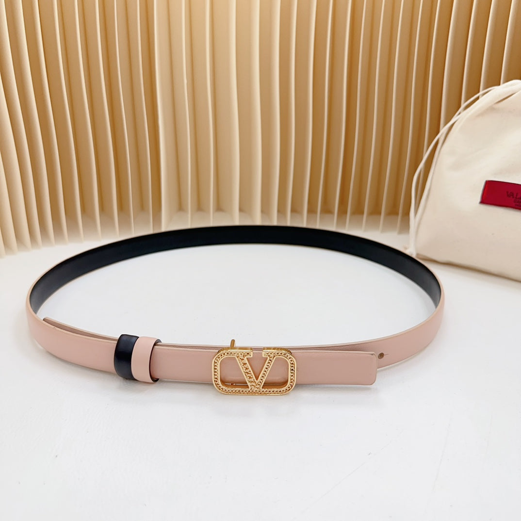 VALENTINO Vlogo Buckle Water Wave Gold Copper Glossy Light Pink Black Leather 20mm Belt