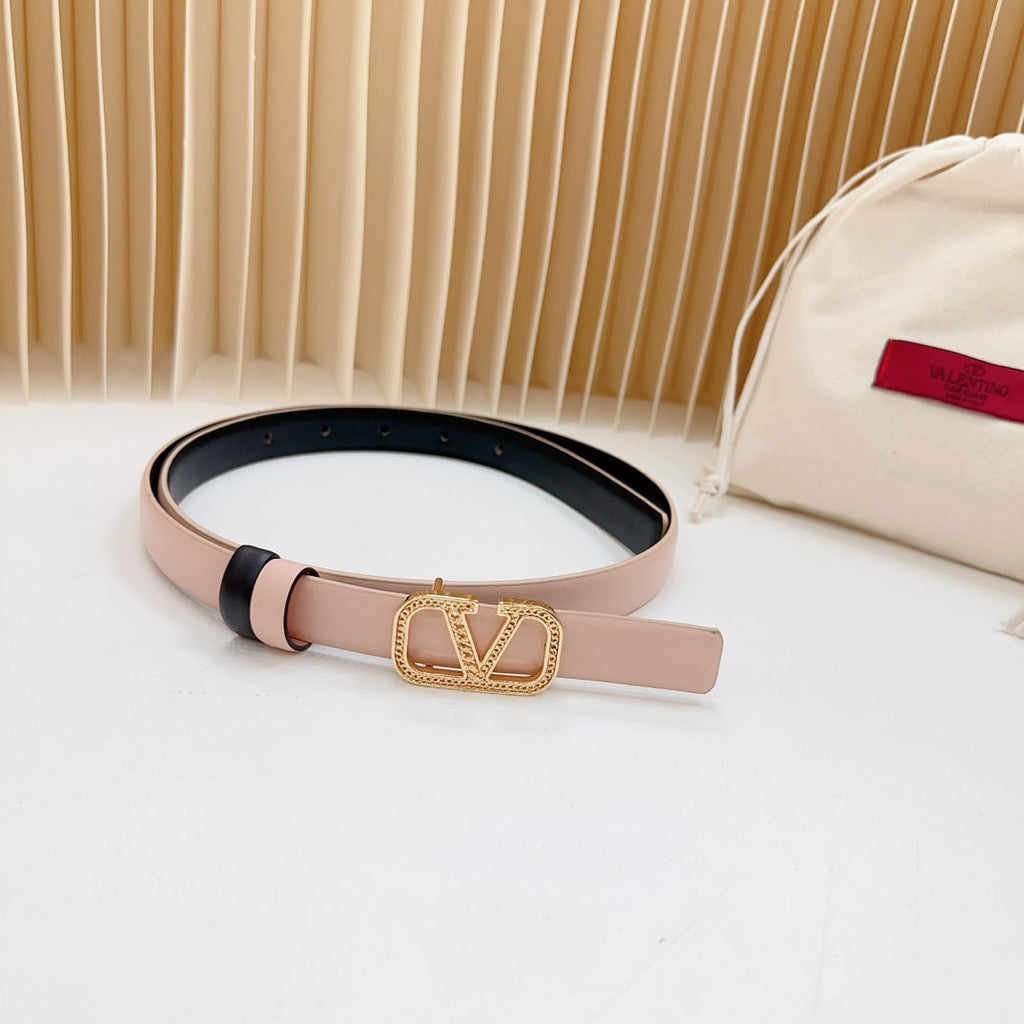 VALENTINO Vlogo Buckle Water Wave Gold Copper Glossy Light Pink Black Leather 20mm Belt